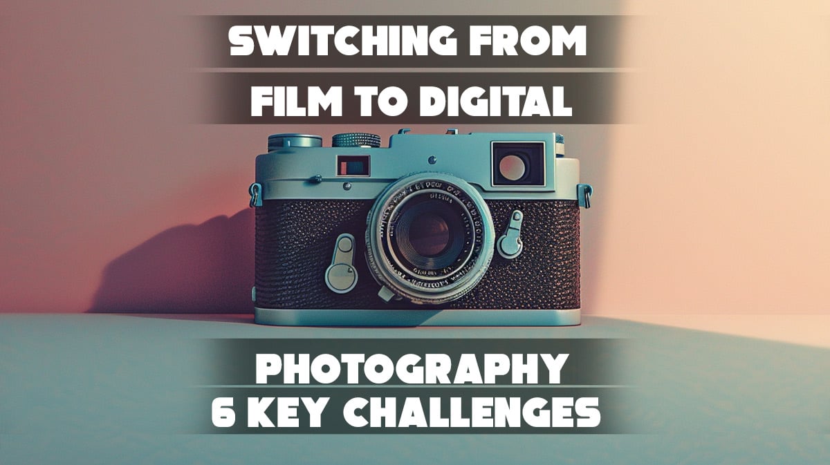 A symbolic image representing the transition from film photography to digital, featuring minimalistic elements like a hybrid camera or vintage and modern tools side by side.